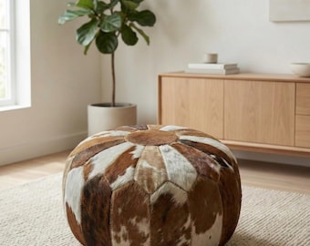 Handmade Round Goat Leather Pouf Ottoman, Moroccan Patchwork Footstool, Genuine Hide Floor Seating, Rustic Modern Home Accent