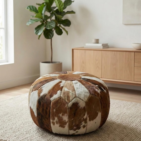 Handmade Round Cowhide Leather Pouf Ottoman, Moroccan Patchwork Footstool, Genuine Hide Floor Seating, Rustic Modern Home Accent