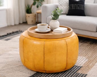 Puf otomano de cuero marroquí hecho a mano, redondo, de cuero mostaza, con asiento de suelo de cuero auténtico, decoración bohemia moderna para sala de estar.