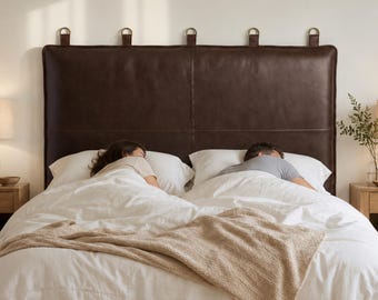 Cabecero de cama tapizado en cuero marrón hecho a mano, cabecero de cama tapizado para montaje en pared, decoración de dormitorio en cuero genuino, tamaño personalizado King Queen.