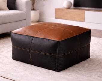 Puf marroquí de cuero de dos tonos hecho a mano, otomano cuadrado, reposapiés de cuero genuino, mesa de centro, sin relleno, decoración moderna