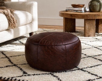 Handmade Moroccan Leather Pouf Ottoman: Dark Brown, Unstuffed
