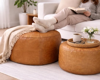 Tan Moroccan Leather Pouf Ottoman, Round Floor Pouf Sold Unstuffed, Handmade Honey Caramel Boho Leather Footstool