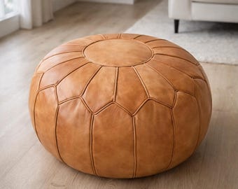 Puf otomano de cuero marroquí color canela, reposapiés redondo de cuero genuino hecho a mano, asiento bohemio sin relleno para sala de estar.