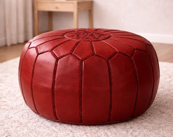 Moroccan Leather Pouf Ottoman Red Handmade Round Floor Pouf Leather Footstool Ottoman Pouf Moroccan Style Boho Pouf Decor