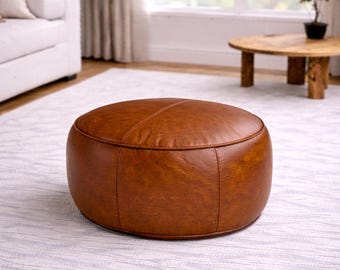 Puf redondo de cuero marroquí otomano marrón, reposapiés de cuero genuino, mesa de centro, asiento de suelo, hecho a mano, sin relleno, decoración artesanal marroquí para el hogar