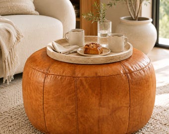 Genuine Leather Pouf Ottoman Round Moroccan Handmade Footstool Unstuffed Leather Footrest Boho Floor Cushion Living Room Coffee Table Decor