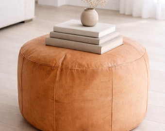 Handmade Round Tan Leather Pouf Ottoman Moroccan Genuine Leather Floor Pouf Footstool Coffee Table Unstuffed