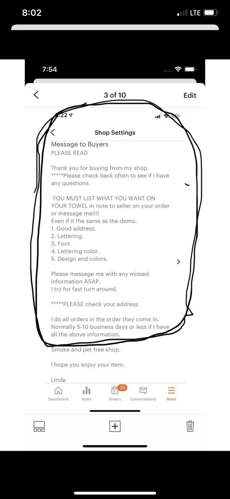 May include: A screenshot of a shop settings page on a mobile device. The page includes a message to buyers with instructions on how to place an order. The message includes a list of information that needs to be included in the order notes, such as the address, lettering, font, lettering color, and design and colors. The message also includes information about shipping times and the shop's pet-free policy.