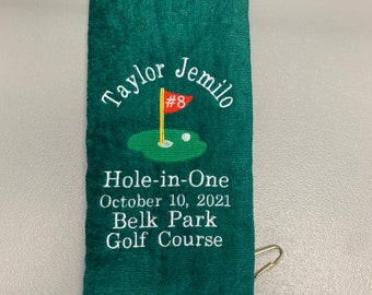 Hole in one golf towel, large terry velour, Custom Embroidered Personalized golf towel, one towel, 16 x 26,