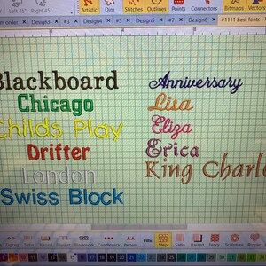 May include: A computer screen displaying a list of names in different fonts and colors. The names include Blackboard, Chicago, Childs Play, Drifter, London, Swiss Block, Anniversary, Lisa, Eliza, Erica, and King Charles.