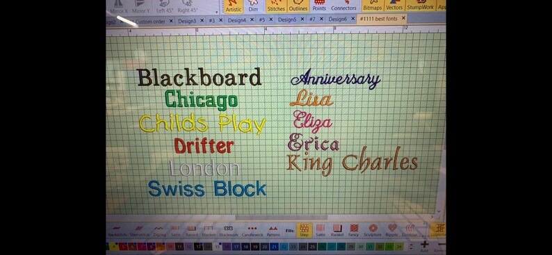 May include: A computer screen displaying a list of names in different fonts and colors. The names include Blackboard, Chicago, Childs Play, Drifter, London, Swiss Block, Anniversary, Lisa, Eliza, Erica, and King Charles.