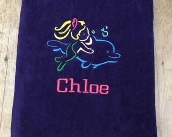 Dolphin Mermaid Beach towel, Personalized embroidered beach towels,  each Personalized free, beach towel,