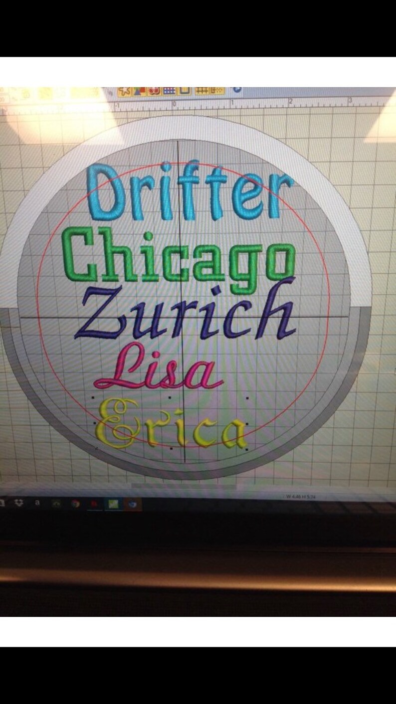 May include: A computer screen displaying a design for a round embroidery patch with the names "Drifter", "Chicago", "Zurich", "Lisa", and "Erica" in different colors and fonts.