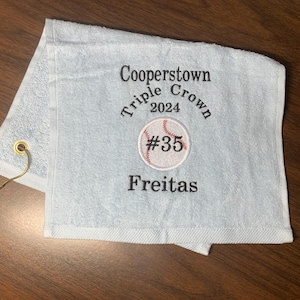 Personalized baseball, Cooperstown baseball, softball  towel, pin towels, custom embroidery, school sports, team gift, coach gift, pin towel