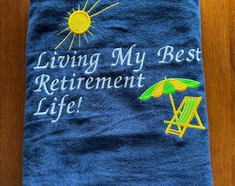 Custom Embroidered Retirement Beach Towel: Personalized Terry Velour Gift (30x60)