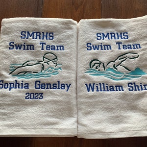 Personalized Swim team towels with personalized embroidery included. 30 x 60, one towel, water sports towel,