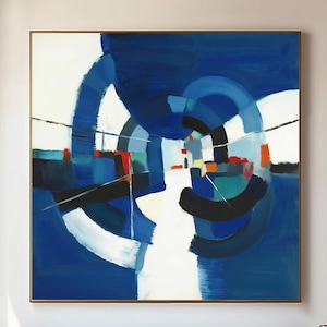 Original Abstract Geometric Oil Painting, Large Modern Blue Wall Art, Hand Painted Minimalist Canvas, Contemporary Circular Composition Art