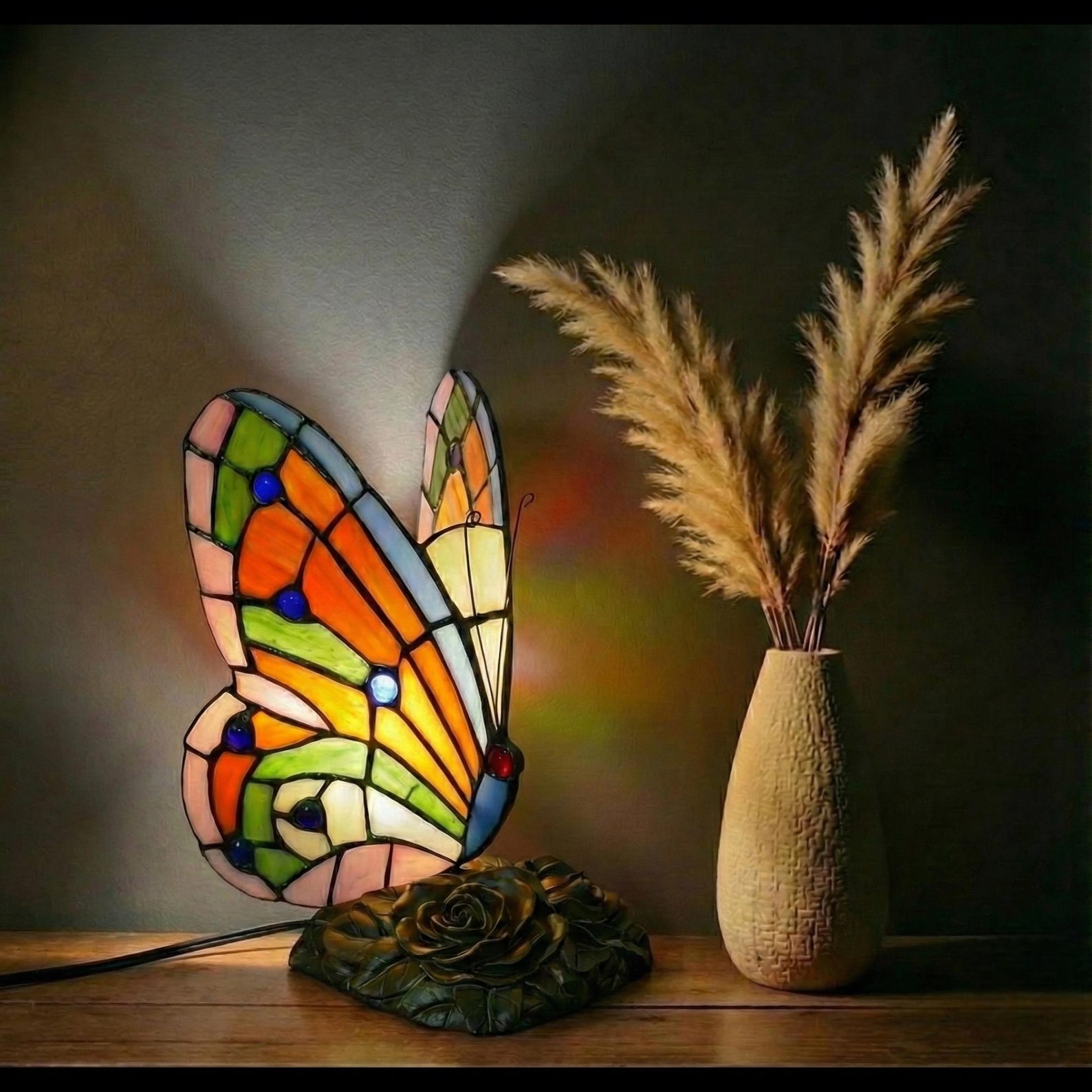 Stained Glass Butterfly Lamp Vintage Resin Table Light Art Nouveau Home Decor