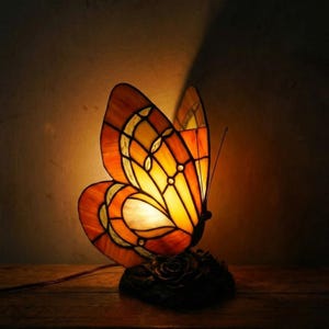 Stained Glass Butterfly Table Lamp Vintage Art Nouveau Resin Home Decor