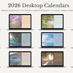 May include: A collection of 2026 desktop calendars displayed on laptops. Each calendar features a scenic image paired with a monthly calendar view. The calendars are labeled with months from January to December, with the text "2026 Desktop Calendars" at the top.