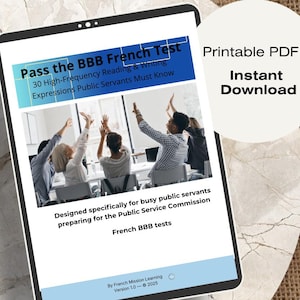 Może przedstawiać: Tablet cyfrowy wyświetla dokument zatytułowany "Pass the BBB French Test". Dokument zawiera tekst o częstym czytaniu i pisaniu dla urzędników. Obraz zawiera również słowa "PDF do wydruku" i "Natychmiastowe pobieranie".