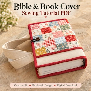 Pode incluir: Uma capa de tecido acolchoado para Bíblia e livros com um design de patchwork de padrões florais e xadrez em vermelho, azul, amarelo e branco. A capa inclui uma alça creme, uma borda vermelha e um pequeno fecho de botão de madeira. Texto: Bible & Book Cover Sewing Tutorial PDF, Custom Fit, Patchwork Design, Digital Download.