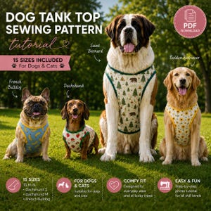 Könnte beinhalten: Ein digitales Schnittmuster für ein Hunde-Tanktop mit dem Text DOG TANK TOP SEWING PATTERN tutorial. Das Bild zeigt vier Hunde, die Tanktops mit verschiedenen Mustern tragen: Bananen, Erdbeeren, Waldtannen mit Bären und Sonnenblumen.