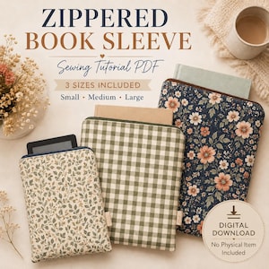 May include: Three zippered book sleeves in small, medium, and large sizes. The small sleeve has a cream background with green leaves, the medium has a green and white gingham pattern, and the large has a dark blue background with peach flowers.
