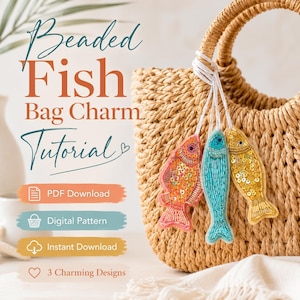 May include: A woven straw handbag featuring three hanging fish-shaped bag charms decorated with orange, turquoise, and yellow sequins and beads. Text on the image reads Beaded Fish Bag Charm Tutorial, PDF Download, Digital Pattern, Instant Download, 3 Charming Designs.