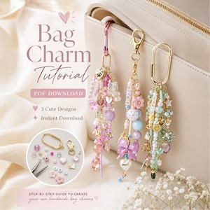 May include: Three decorative bag charms featuring colorful beads, charms, and metal clasps. The charms include pink, purple, and green color palettes with heart, flower, and star accents. A small circular inset shows loose beads, clasps, and pliers.