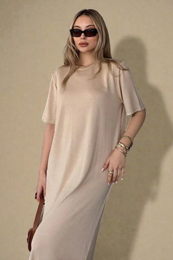 beige simple dress AHUA Beige Dress Maxi Long Simple Natural Cotton Sleeveless