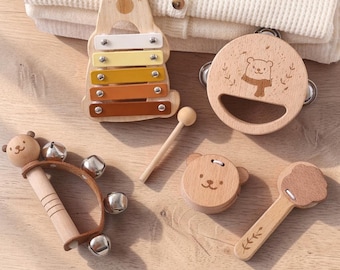 Handgefertigte Hölzerne Bär Musik Spielzeug Set, Montessori Baby Instrument Kit