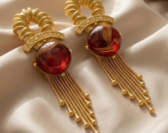 Gold Tassel Earrings, Red Stone Earrings, Statement Dangle Earrings, Rope Hoop Drop Earrings, Byzantine Gold Jewelry