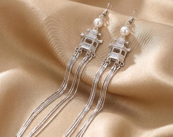 Pendientes de borlas de pagoda china, pendientes colgantes de perlas de plata, pendientes colgantes de farol oriental, elegantes joyas con flecos largos, regalo para ella.