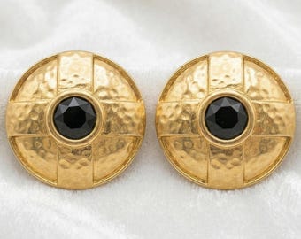 Art Deco Hammered Gold Black Stud Earrings, Geometric Round Statement Jewelry