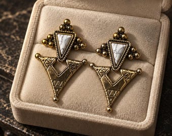 White Howlite Triangle Statement Earrings, Bold Geometric Tribal Drop Earrings, Egyptian Arrow Studs, Clip On Conversion Available