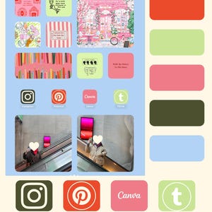 May include: A collage featuring various design elements, including a pink shop with a bicycle, social media icons, and images with text. The color palette includes pink, green, and red hues, with a light blue background.