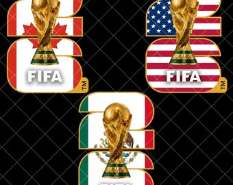 May include: Gold FIFA World Cup trophy with flags of Canada, the United States, and Mexico. Each design includes the FIFA logo and the year 2026. The background is black with a grid pattern.