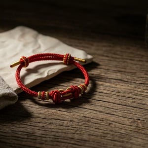 Op de afbeelding: Een rood en goudkleurig armband met een gevlochten ontwerp. De armband ligt op een witte steen en een houten oppervlak. De armband heeft gouden accenten en een knoopontwerp.