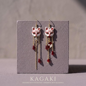 Kitsune Maskörhängen Japanska Zen Dingelörhängen Röda Tofsörhängen Lätta Symboliska Handgjorda Smycken KAGAKI