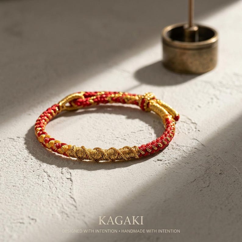 May include: A braided bracelet with red and gold threads. The bracelet has a woven design with gold accents and a clasp. The word "KAGAKI" is printed at the bottom of the image, along with the text "DESIGNED WITH INTENTION &bull; HANDMADE WITH INTENTION."