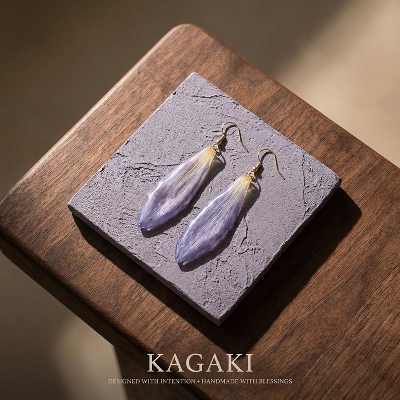 Water Lily Flower Earrings Real Flower Resin Earrings Purple Floral Dangle Earrings Botanical Lightweight Handmade Jewelry KAGAKI image 1