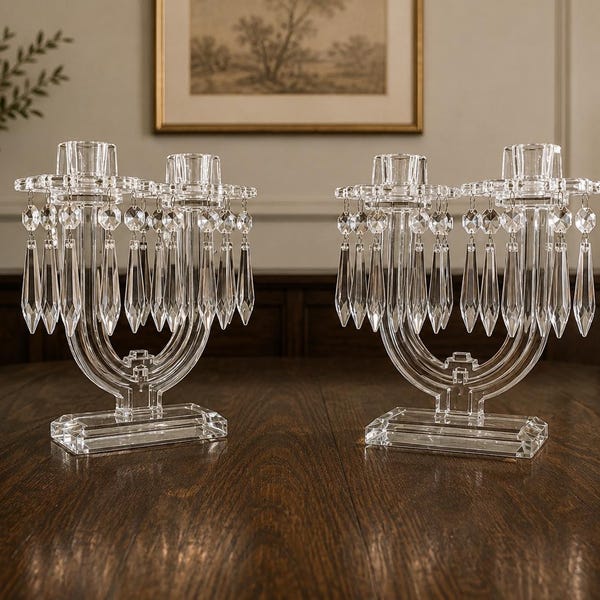 Vintage Art Deco Style Crystal Candelabra Pair
