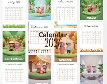Calendario familiar imprimible 2026 | Calendario de pared con ilustraciones en colores pastel | Planificador mensual en PDF | Descarga digital