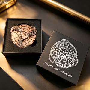 May include: A copper-colored metal fidget spinner featuring a circular roulette design with numbers and three dragon-like heads, housed in a black foam-lined box. The box lid displays a white graphic of the spinner and the text Fingertip Gyro Roulette Dice.