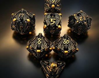 Bloody Angel Skull Metal DND Dice Set - Hollow Antique Gold RPG Dice