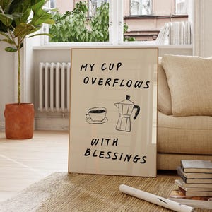 Plakat ścienny „Mój kubek przepełniony błogosławieństwami”, Psalm 23:5, dekoracja kawiarni (pobranie cyfrowe)