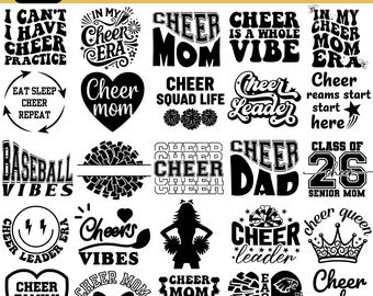 May include: A collection of 117 cheerleader-themed SVG designs in various styles. The designs include phrases like "Cheer Mom," "Cheer Leader," and "Cheer Vibes," along with pom-pom and crown graphics. The designs are available in SVG, PNG, JPG, EPS, and DXF formats.
