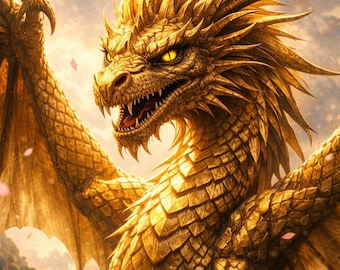 Gouden draak over waterval – afdrukbare fantasiekunst aan de muur, epische drakenkunst, direct downloaden